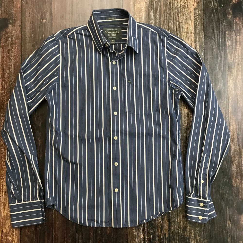 ABERCROMBIE & FITCH Striped Shirt Medium L/S Button Front Muscle Fit Blue White